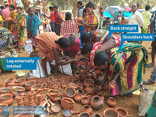 Women hip-hinge choosing pots, Odisha market